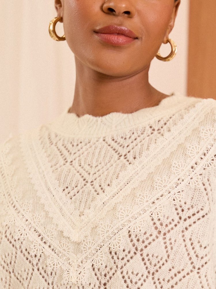 Love & Roses Ivory White Pointelle Rufffle Sleeve Knitted Jumper - Image 2 of 4 Love & Roses Ivory White Pointelle Rufffle Sleeve Knitted Jumper - Image 2 of 4