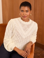 Love & Roses Ivory White Pointelle Rufffle Sleeve Knitted Jumper - Image 3 of 4