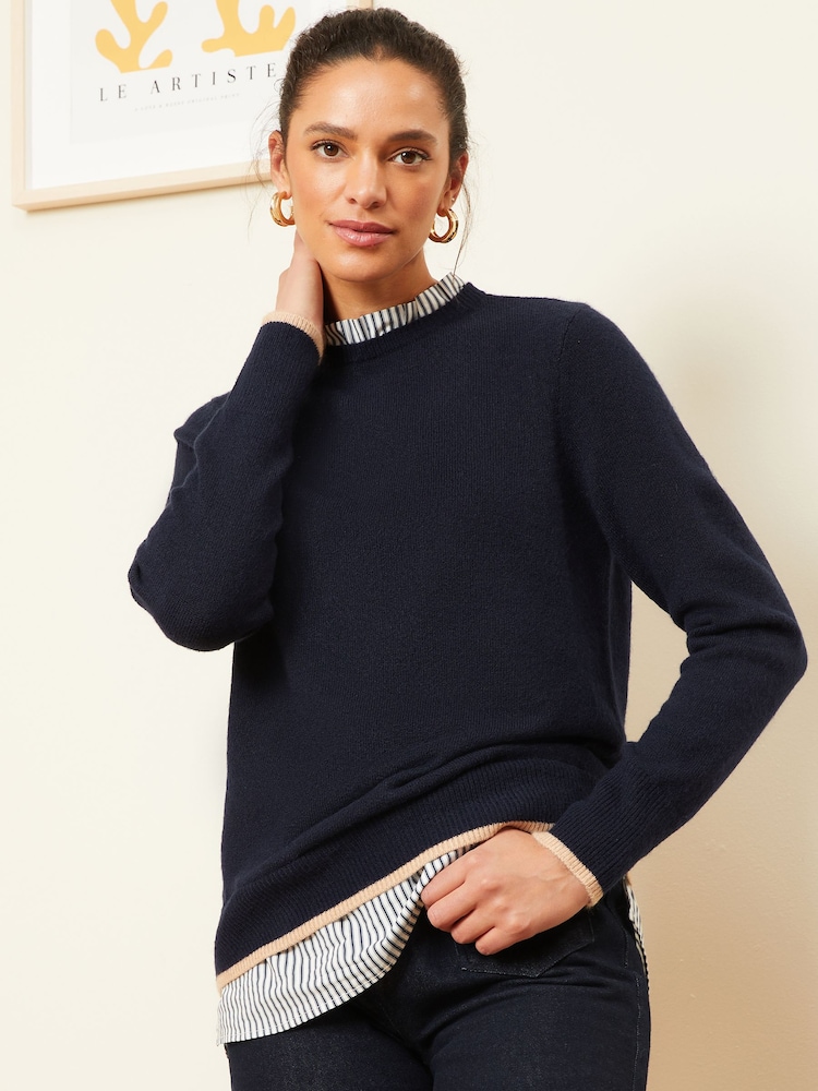 Love & Roses Navy Blue Woven Mix Hybrid Jumper - Image 1 of 4