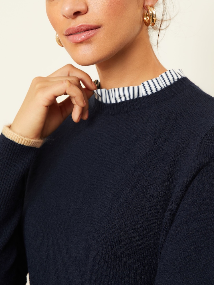 Love & Roses Navy Blue Woven Mix Hybrid Jumper - Image 2 of 4