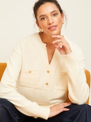 Love & Roses Neutral Cosy Button Up V Neck Jumper - Image 1 of 4