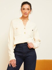Love & Roses Neutral Cosy Button Up V Neck Jumper - Image 2 of 4