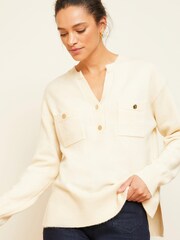 Love & Roses Neutral Cosy Button Up V Neck Jumper - Image 3 of 4