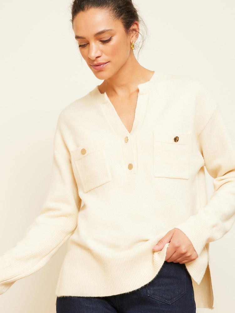 Love & Roses Neutral Cosy Button Up V Neck Jumper - Image 3 of 4