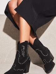 Lipsy Black Mid Heeled Zip Up Studded Western Ankle Boot - Image 1 of 5