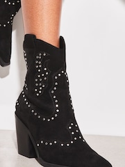 Lipsy Black Mid Heeled Zip Up Studded Western Ankle Boot - Image 2 of 5