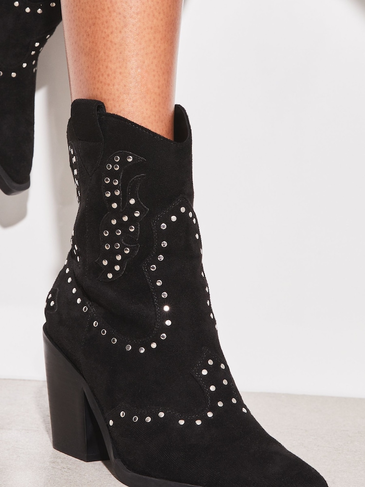 Lipsy Black Mid Heeled Zip Up Studded Western Ankle Boot - Image 2 of 5