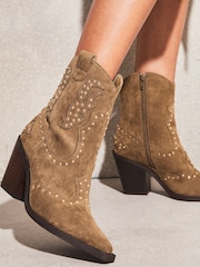 Lipsy Tan Brown Mid Heeled Zip Up Studded Western Ankle Boot - Image 1 of 5