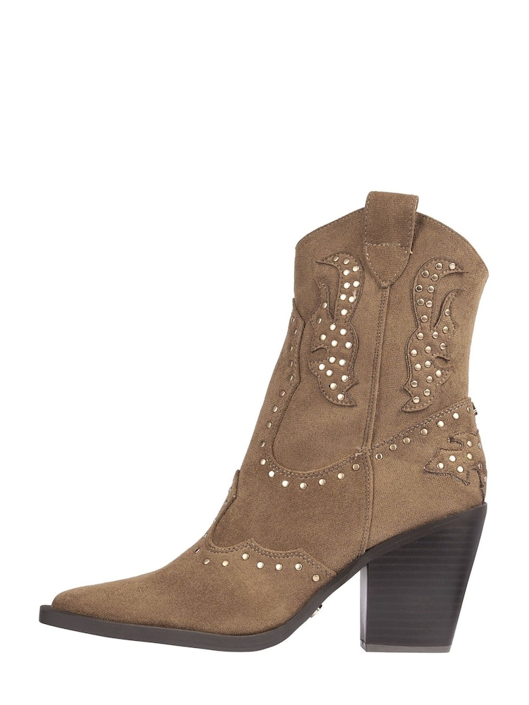 Lipsy Tan Brown Mid Heeled Zip Up Studded Western Ankle Boot - Image 5 of 5
