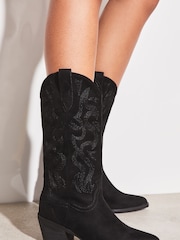 Lipsy Black Pull On Calf Pointed Western Cowboy Heel Boot - Image 2 of 4