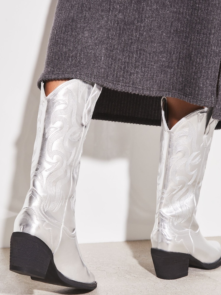 Lipsy Silver Pull On Calf Pointed Western Cowboy Heel Boot - Image 4 of 4