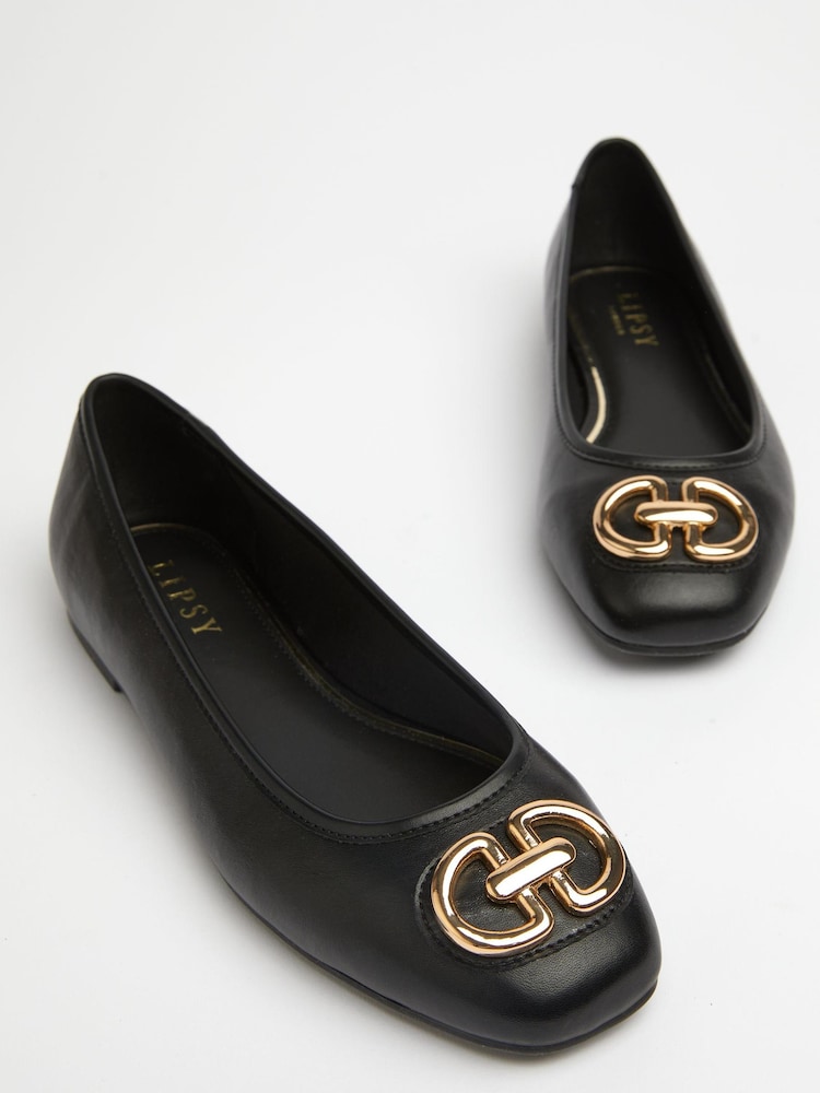 Lipsy Black Regular Fit Flat Square Toe Trim Faux Leather Ballet Pumps - Image 4 of 4
