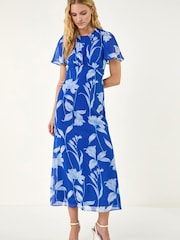 Roman Blue Floral Print Flutter Sleeve Midi Dress - Image 1 of 5