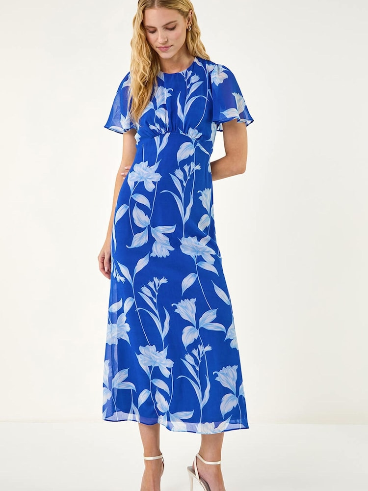 Roman Blue Floral Print Flutter Sleeve Midi Dress - Image 1 of 5