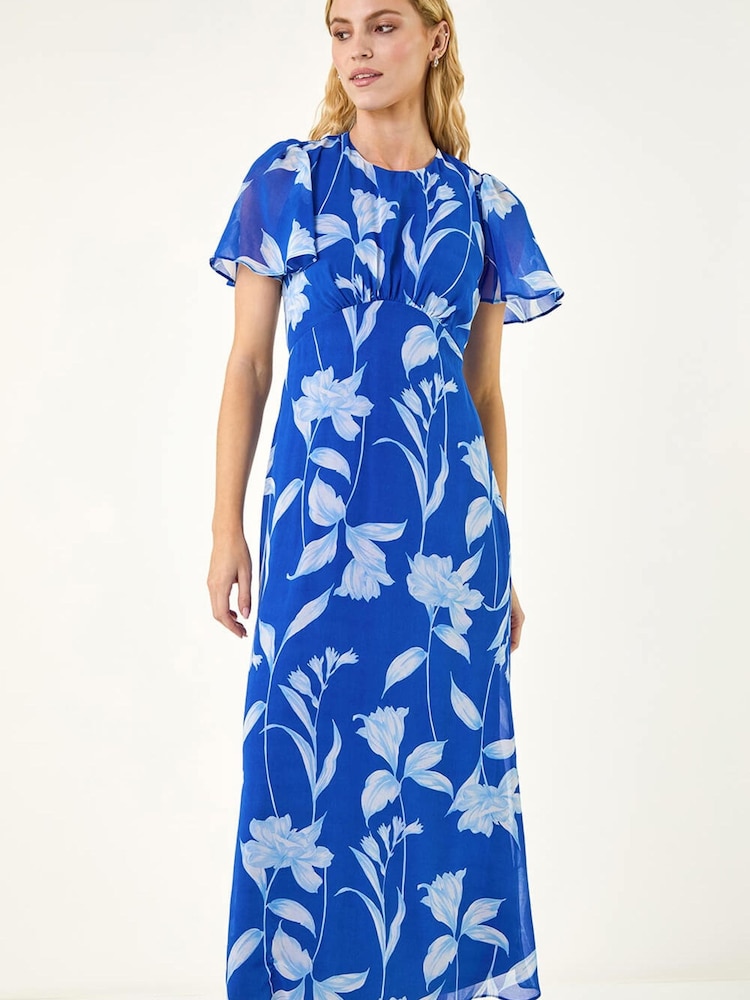 Roman Blue Floral Print Flutter Sleeve Midi Dress - Image 2 of 5