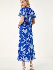 Roman Blue Floral Print Flutter Sleeve Midi Dress - Image 3 of 5