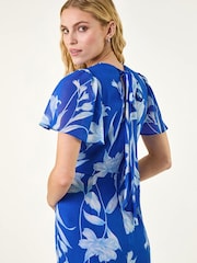 Roman Blue Floral Print Flutter Sleeve Midi Dress - Image 4 of 5