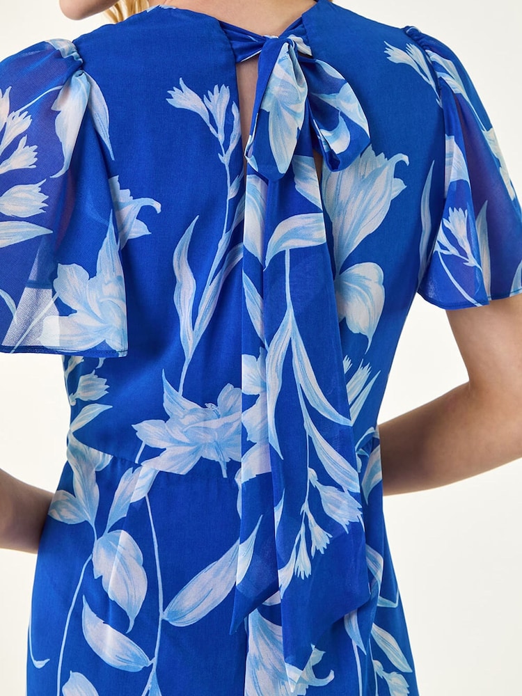 Roman Blue Floral Print Flutter Sleeve Midi Dress - Image 5 of 5