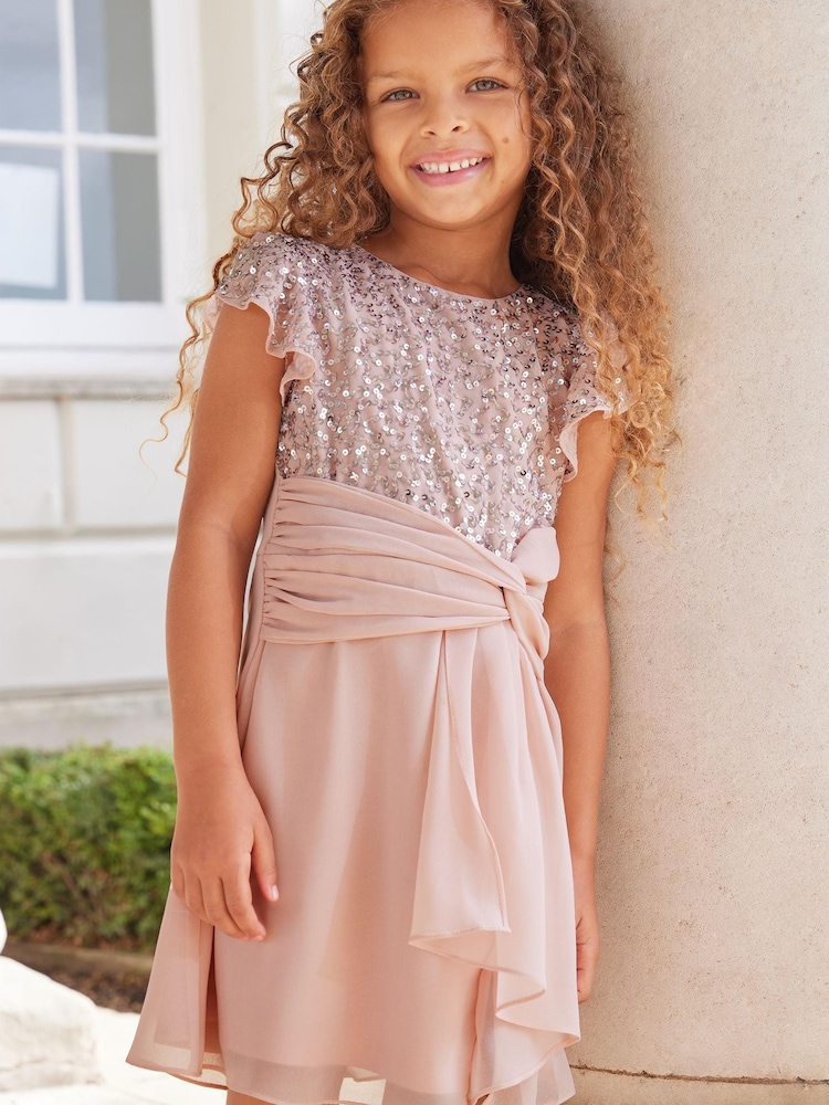 Lipsy Pink Flutter Sleeve Occasion Mini Dress (2-16yrs) - Image 1 of 4
