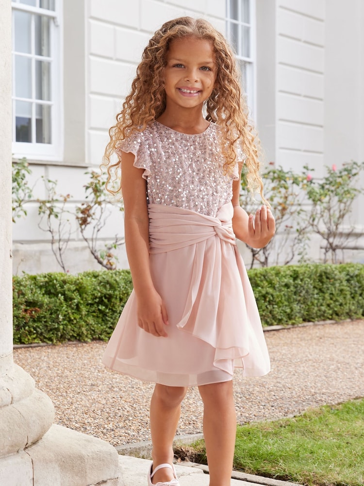 Lipsy Pink Flutter Sleeve Occasion Mini Dress (2-16yrs) - Image 4 of 4