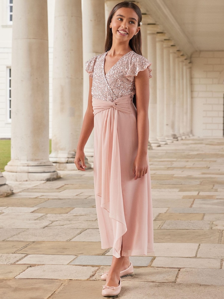 Lipsy Pink Flutter Sleeve Occasion Maxi Dress - Teen - Image 1 of 4