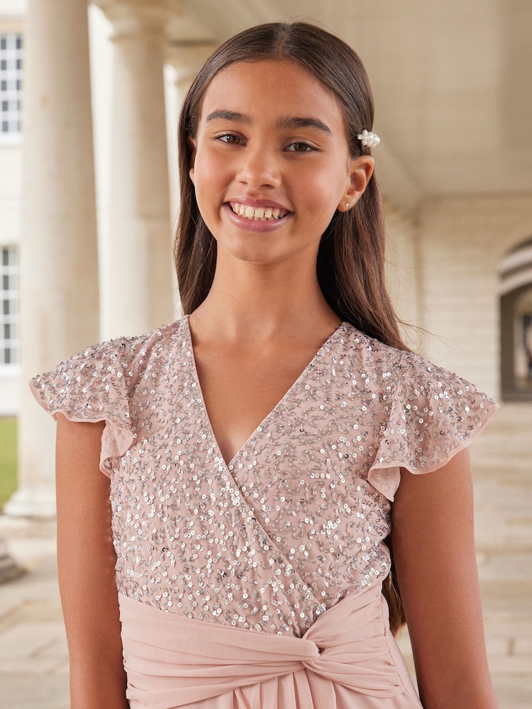 Lipsy Pink Flutter Sleeve Occasion Maxi Dress - Teen - Image 2 of 4