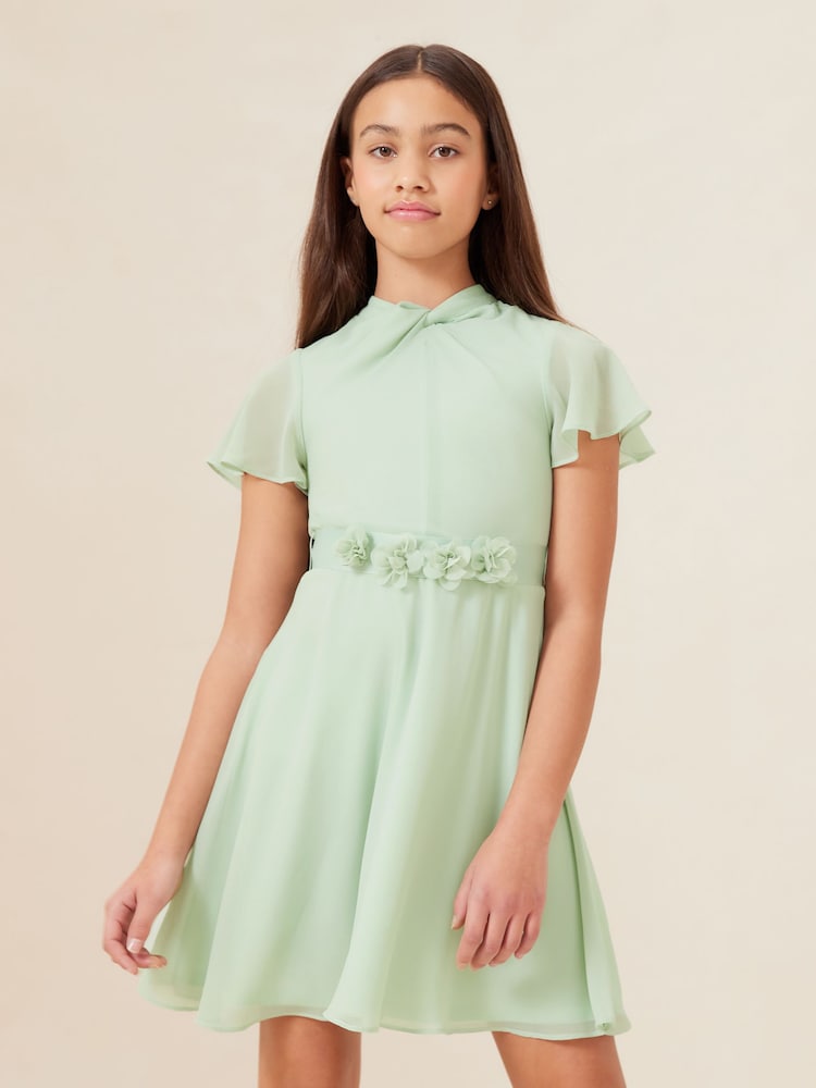 Lipsy Sage Green Twist Neck Flower Waist Occasion Dress (2-16yrs) - Image 1 of 4