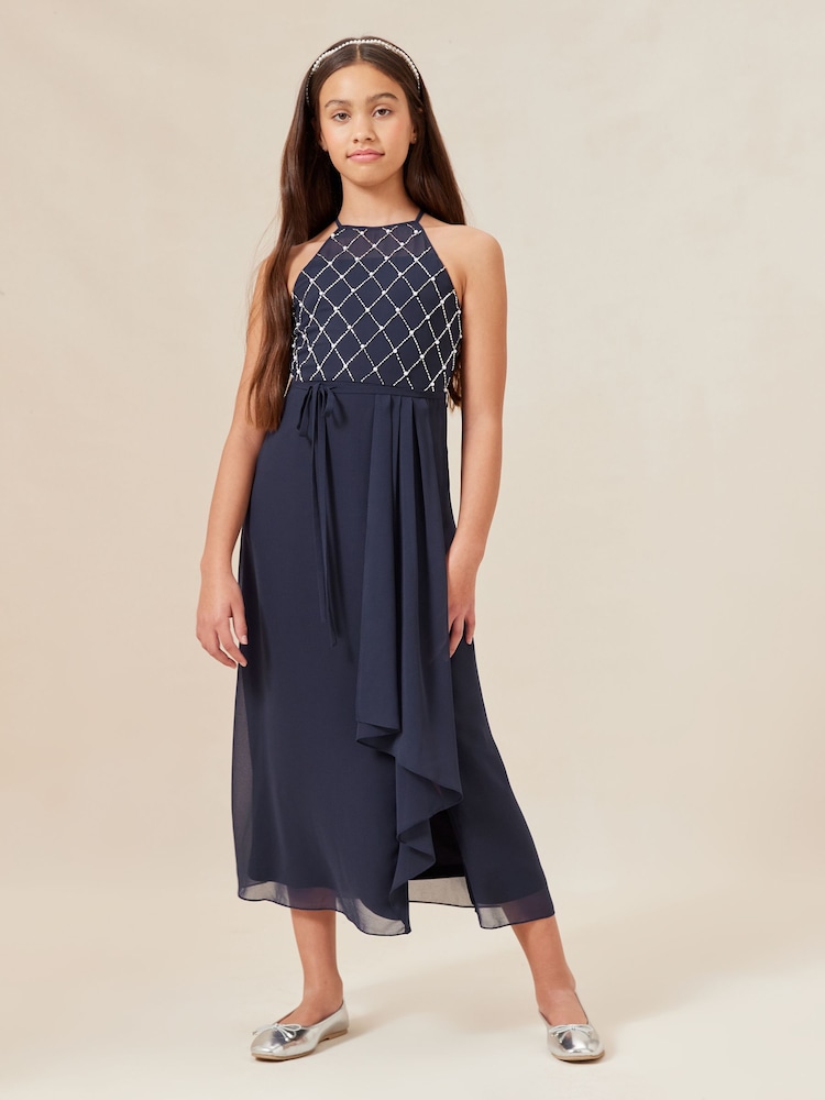 Lipsy Navy Blue Strap Maxi Pearl Occasion Dress (7-16yrs) - Image 2 of 4