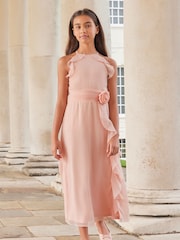 Lipsy Pink Ruffle Corsage Maxi Prom Dress (7-16yrs) - Image 4 of 4