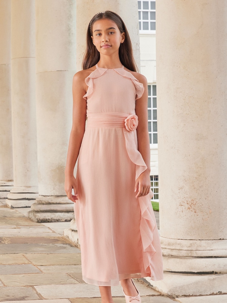 Lipsy Pink Ruffle Corsage Maxi Prom Dress (7-16yrs) - Image 4 of 4