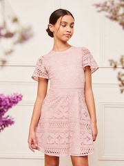Lipsy Pink Flutter Sleeve Lace Occasion Dress - Image 1 of 4