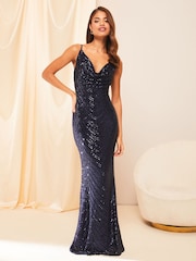 Lipsy Navy Blue Tall Paige Sequin Cami Cowl Bridesmaid Dress - Image 1 of 5