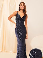 Lipsy Navy Blue Tall Paige Sequin Cami Cowl Bridesmaid Dress - Image 2 of 5