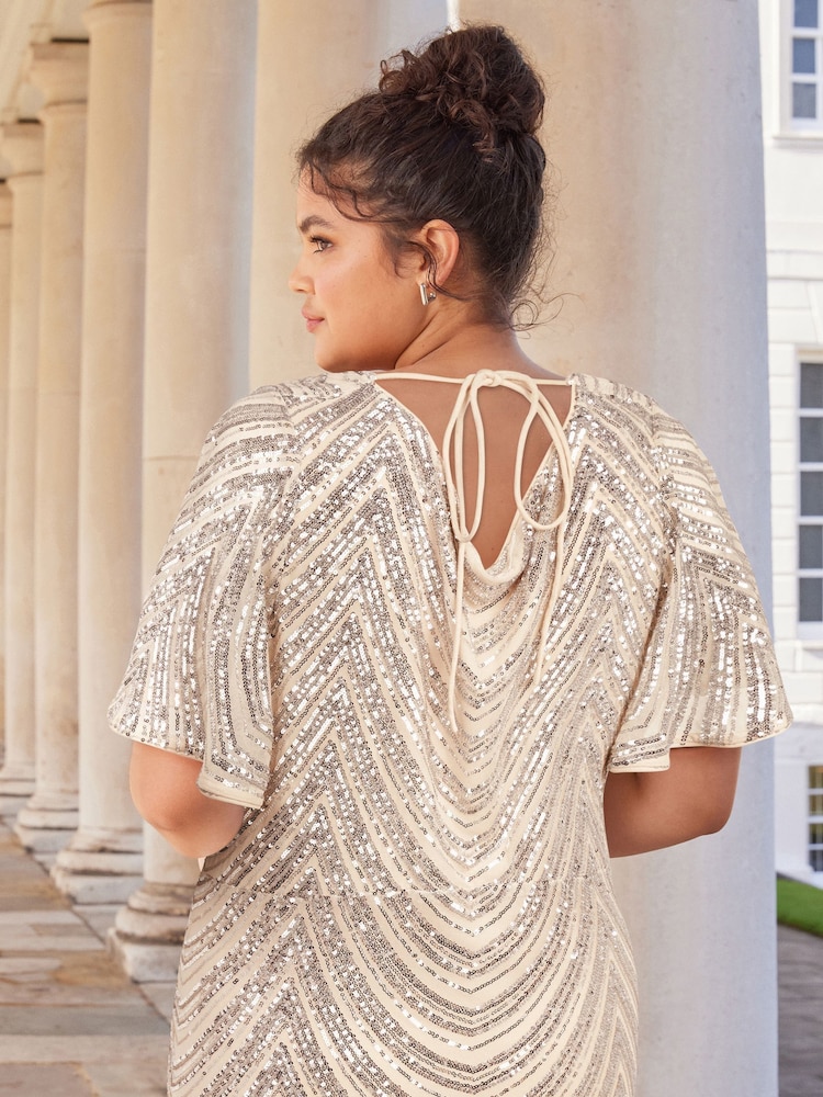 Lipsy Champagne Gold Curve Sequin Cowl Neck Reversible Bridesmaid Dress - Image 2 of 3