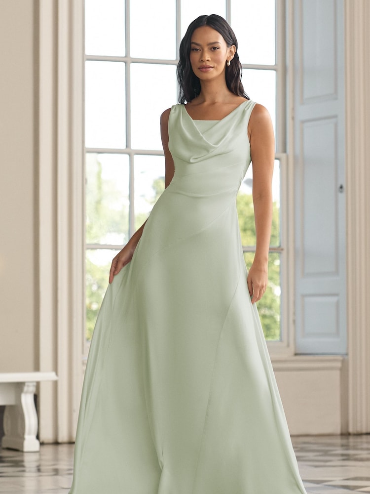 Lipsy Sage Green Cowl Front Satin Maxi Bridesmaid Dress - Image 1 of 4