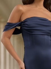 Lipsy Navy Blue Satin Bardot Cowl Maxi Dress - Image 4 of 4