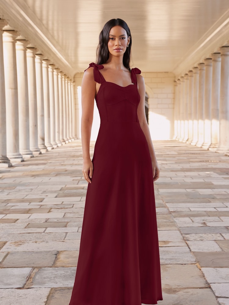 Lipsy Berry Red Bridesmaid Tie Strap Corset Detail Maxi Dress - Image 1 of 4
