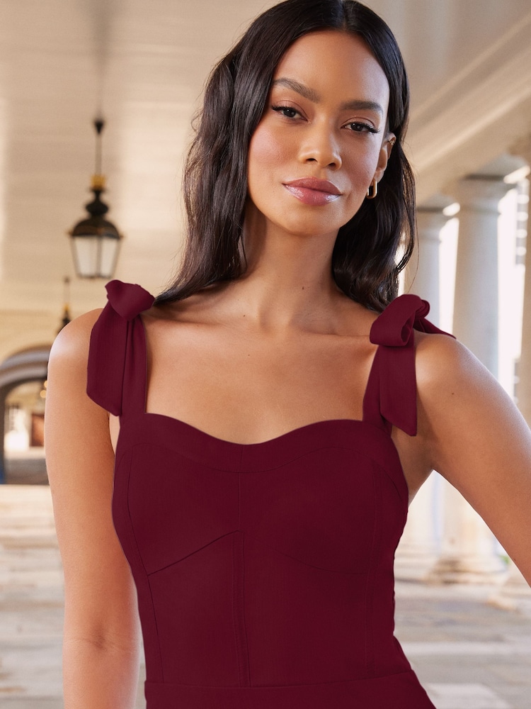 Lipsy Berry Red Bridesmaid Tie Strap Corset Detail Maxi Dress - Image 4 of 4