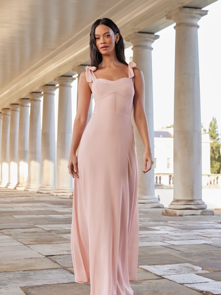 Lipsy Blush Pink Bridesmaid Tie Strap Corset Detail Maxi Dress - Image 4 of 4