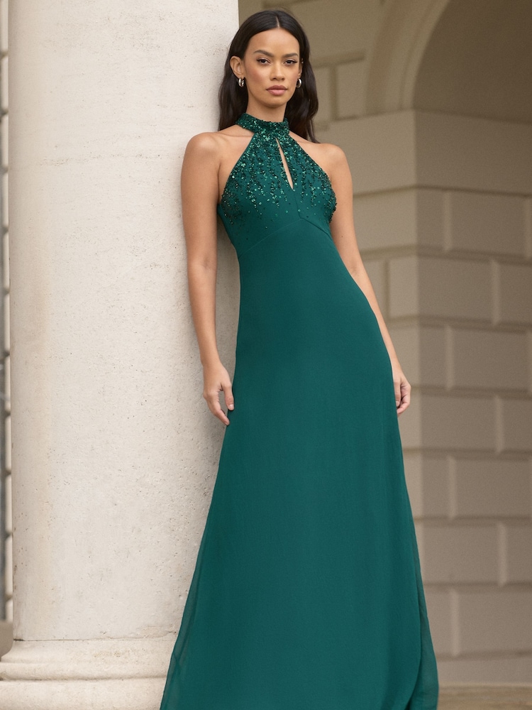 Lipsy Forest Green Bridesmaid Halterneck Embellished Keyhole Maxi Dress - Image 1 of 4