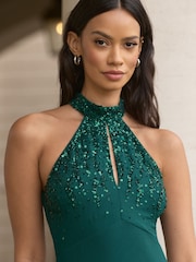 Lipsy Forest Green Bridesmaid Halterneck Embellished Keyhole Maxi Dress - Image 2 of 4