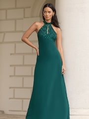 Lipsy Forest Green Bridesmaid Halterneck Embellished Keyhole Maxi Dress - Image 4 of 4