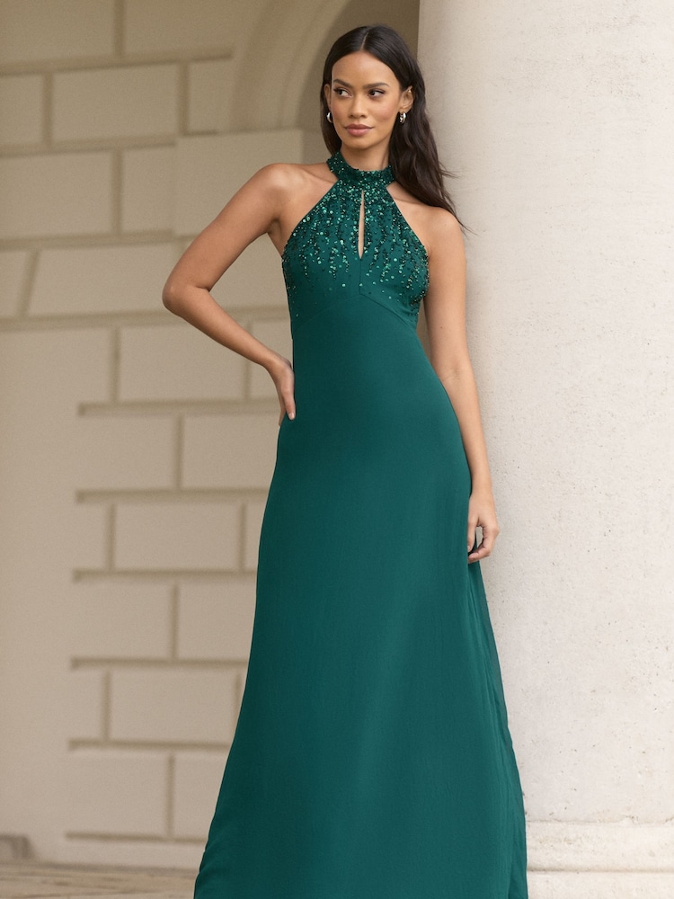 Lipsy Forest Green Bridesmaid Halterneck Embellished Keyhole Maxi Dress - Image 4 of 4