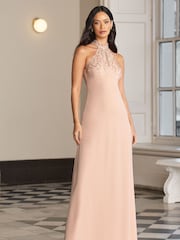Lipsy Blush Pink Bridesmaid Halterneck Embellished Keyhole Maxi Dress - Image 1 of 4