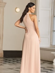 Lipsy Blush Pink Bridesmaid Halterneck Embellished Keyhole Maxi Dress - Image 2 of 4