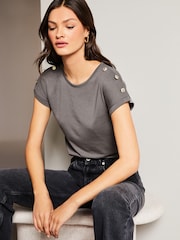 Lipsy Grey Button Round Neck T-Shirt - Image 3 of 4