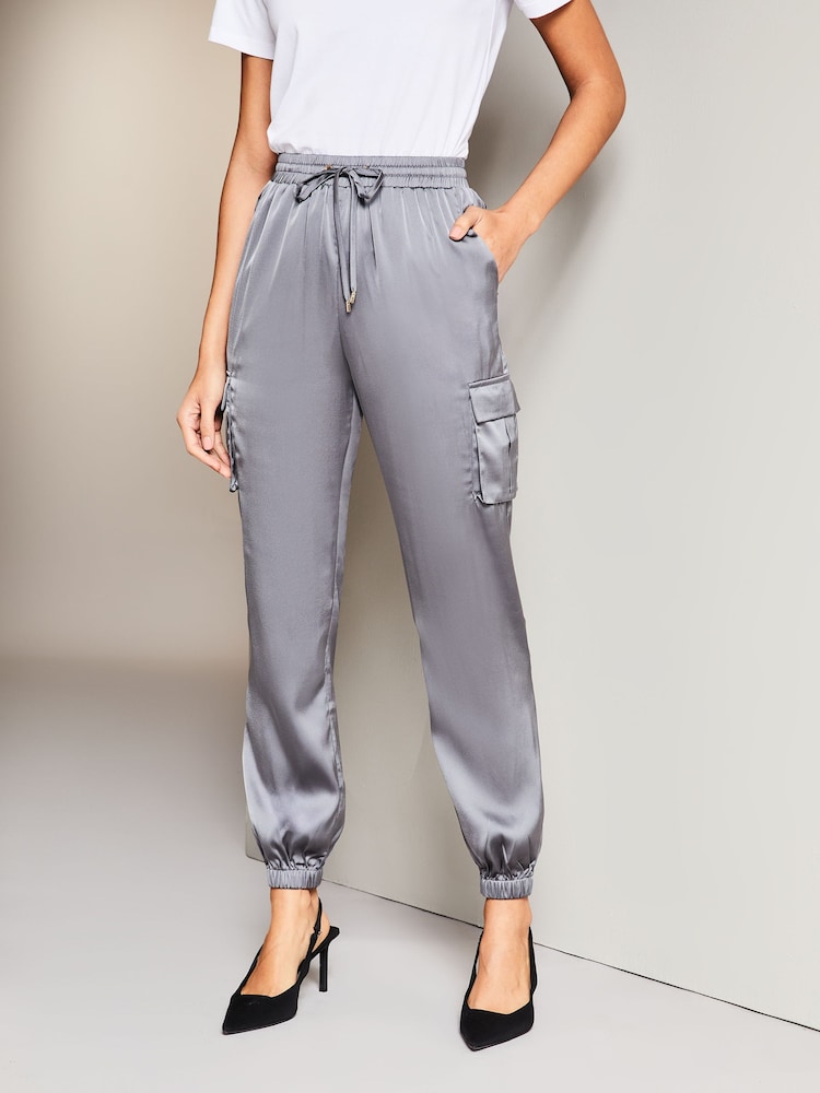 Lipsy Grey Satin Cargo Pocket Cuffed Jogger - Image 1 of 4