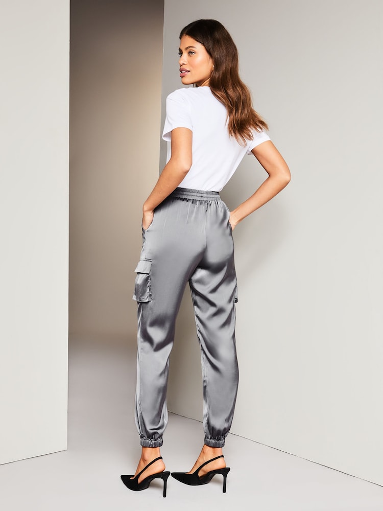 Lipsy Grey Satin Cargo Pocket Cuffed Jogger - Image 2 of 4 Lipsy Grey Satin Cargo Pocket Cuffed Jogger - Image 2 of 4