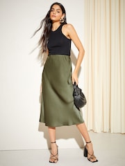 Friends Like These Green Olive Petite Satin Bias Midi Skirt - Image 1 of 4
