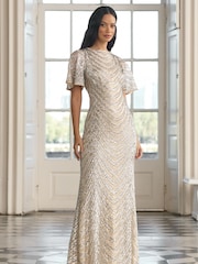 Lipsy Champagne Gold Petite Sequin Cowl Neck Reversible Bridesmaid Dress - Image 1 of 4